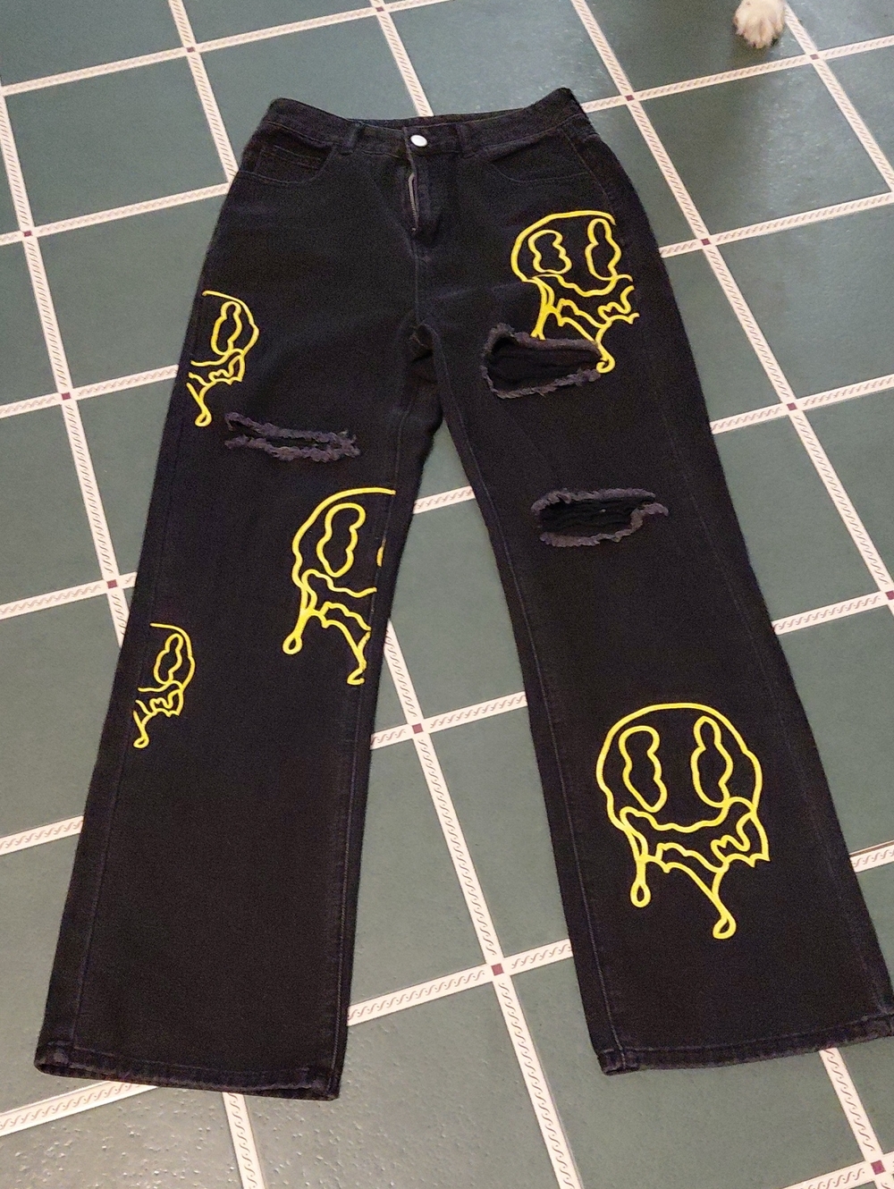 Black Straight-Leg Jeans with Yellow Graphic Print
